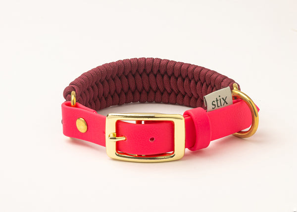 Dog Collar / Burgundy with Neon Pink Strap