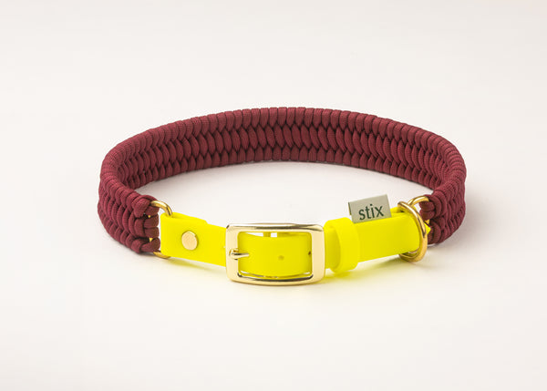 Dog Collar / Burgundy with Neon Yellow Strap