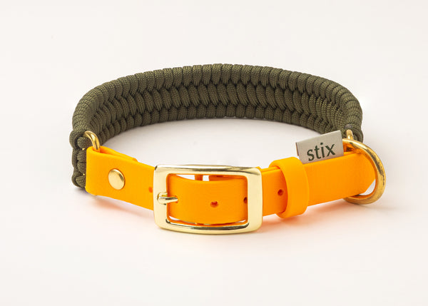 Dog Collar / Earth Green with Neon Orange Strap