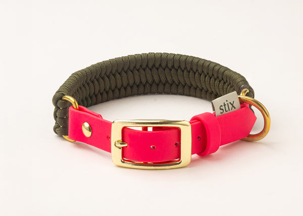 Dog Collar / Earth Green with Neon Pink Strap