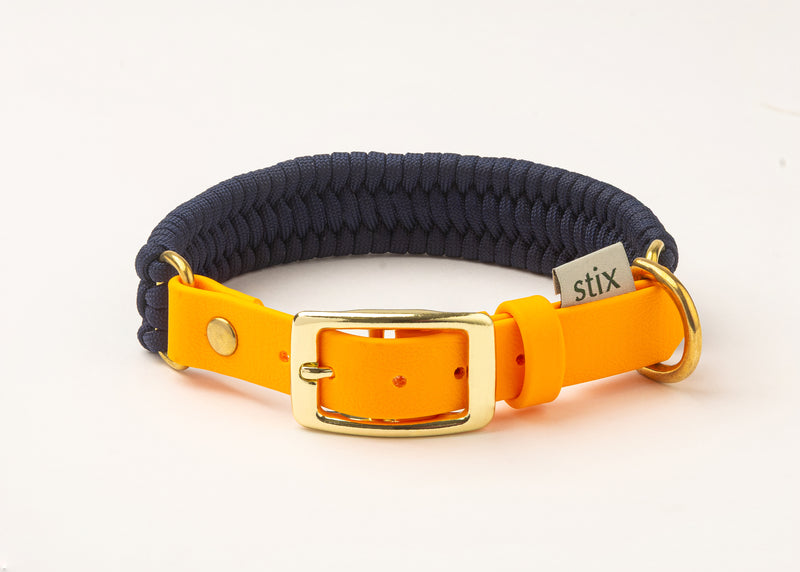 Dog Collar / Navy Blue with Neon Orange Strap