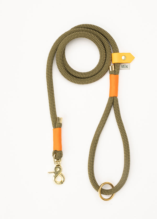 Dog Lead / Earth Green with Orange Trim