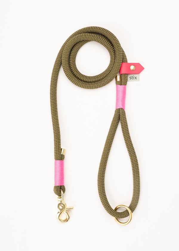 Dog Lead / Earth Green with Pink Trim
